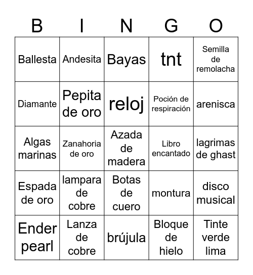 Minecraft bingo Card