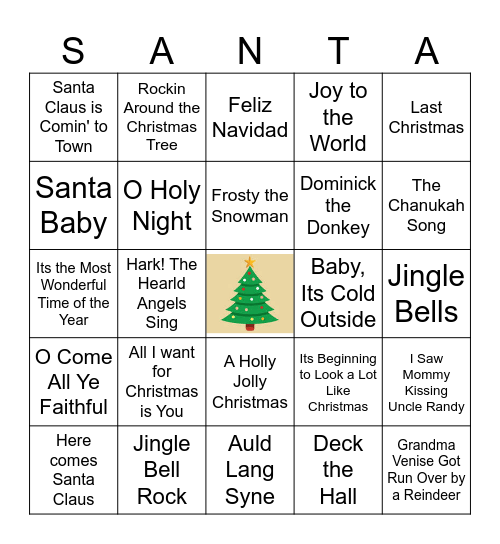 Holiday Hits Bingo Card