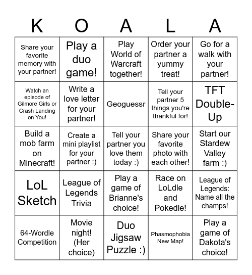 KoalaTree Bingo Card