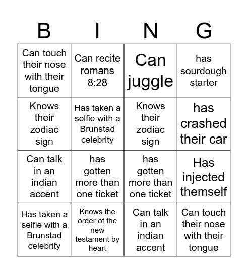 Youth Bingo Card