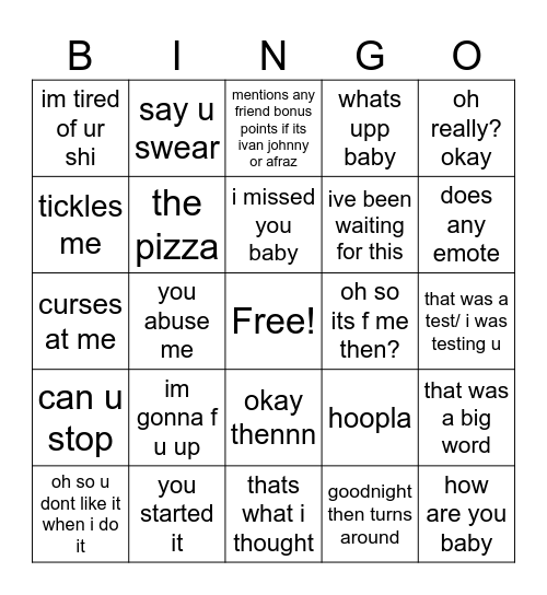 things aiden will say/do Bingo Card