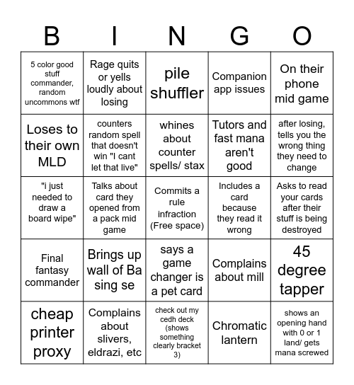 Commander player, Bad at magic Bingo Card
