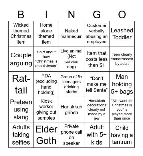 Holiday Mall Bingo Card