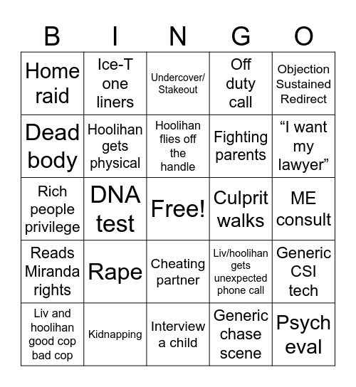 SVU Bingo Bango Bingo Card