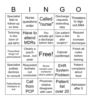 Hospitalist Bingo Card Bingo Card