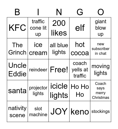 Cash or Crash Xmas Light Bingo Card