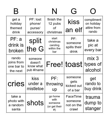 12 PUBS OF CHRISTMAS CRAWL Bingo Card