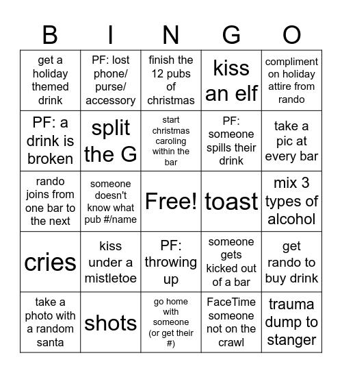 12 PUBS OF CHRISTMAS CRAWL Bingo Card