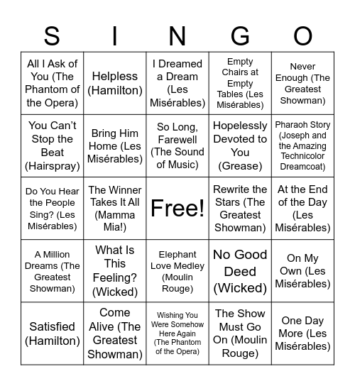 Musicals Bingo Card