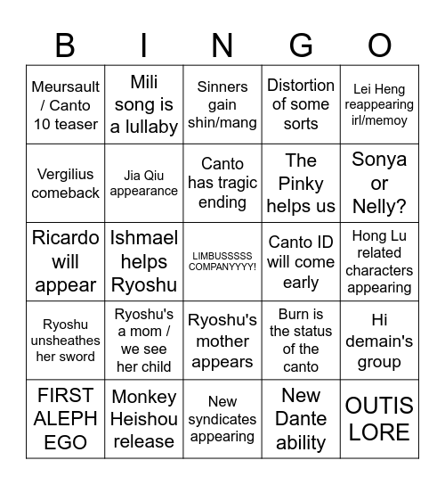 Canto 9 Predictions Bingo Card
