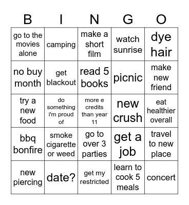 year 12 Bingo Card
