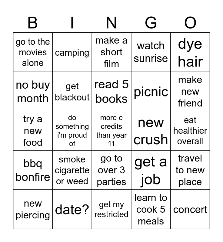 year 12 bingo Card