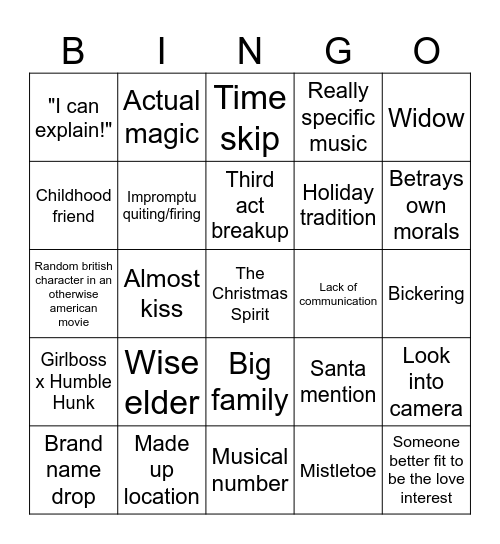 Holiday Romcom Bingo Card
