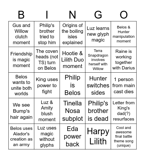 Owl house prediction bingo Card