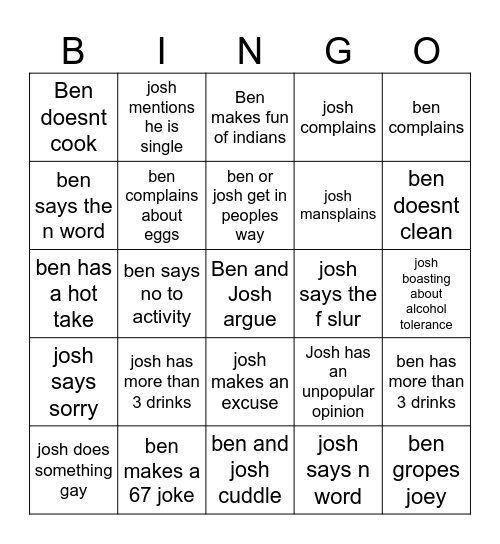 Ben and Josh Eaglecrest Bingo Card