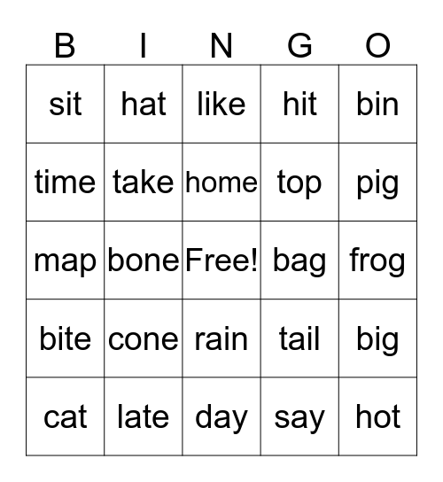 Short and Long A, I, O Review Bingo Card