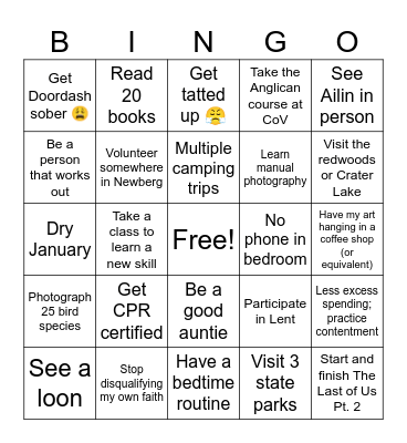 Sunny's 2026 Bingo Card