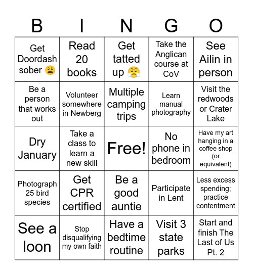 Sunny's 2026 Bingo Card