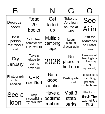 Sunny's 2026 Bingo Card
