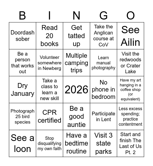 Sunny's 2026 Bingo Card