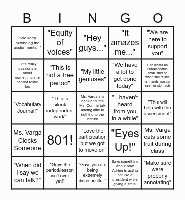 Ms Varga Bingo!! Bingo Card