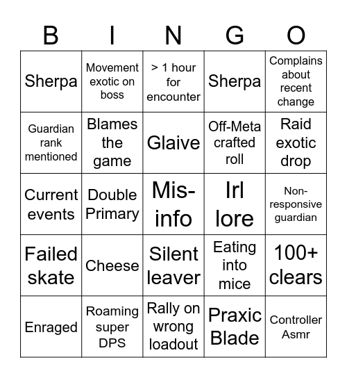 Destiny LFG Bingo Card