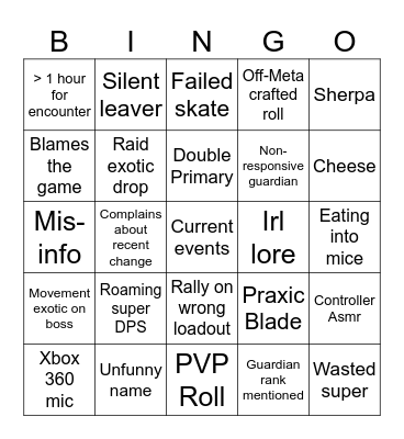 Destiny LFG Bingo Card