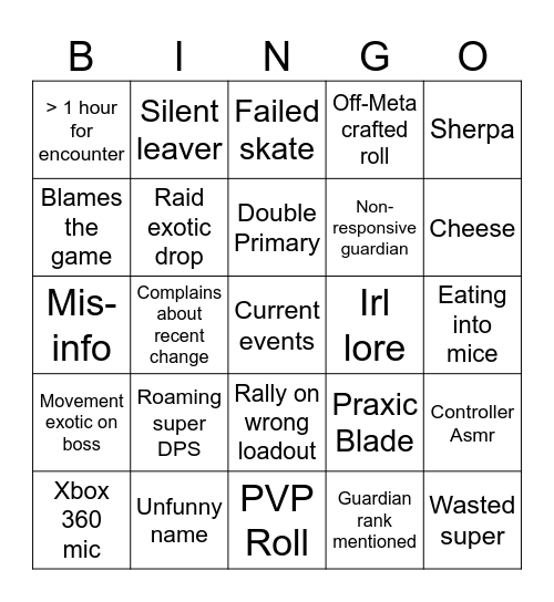 Destiny LFG Bingo Card
