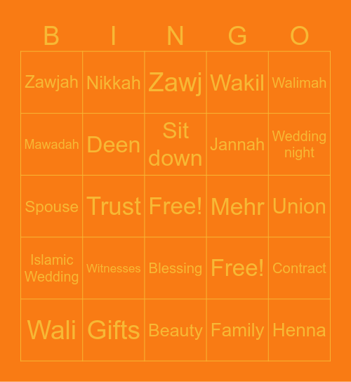 Islamic Wedding Bingo Card