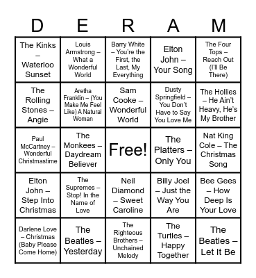 Golden Oldies Bingo Card