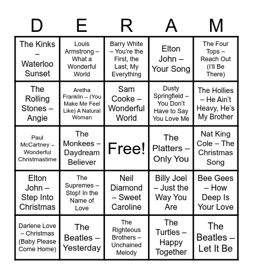 Golden Oldies Bingo Card