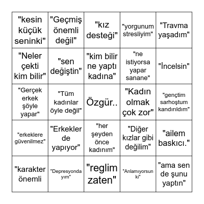 KADINLARIN SORUMLUKTAN KAÇMA BİNGOSU Bingo Card