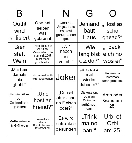 Weihnachten Dahoam Bingo Card