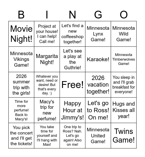 2026 Boyfriend Bingo for Luv! Bingo Card