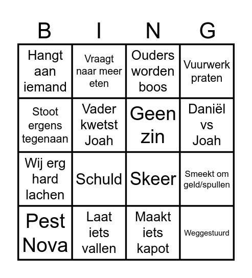 Joah Bingo Card