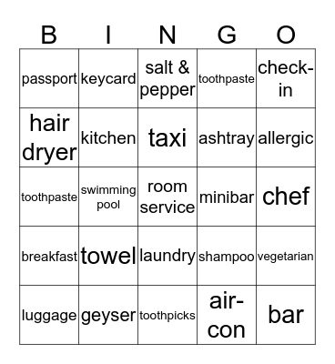 Hotel Vocabulary Bingo Card