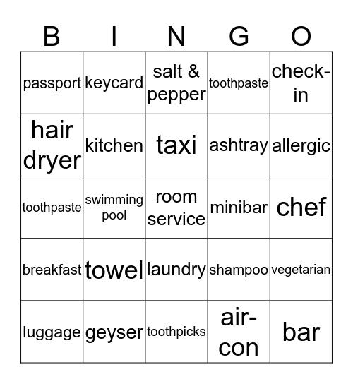 Hotel Vocabulary Bingo Card