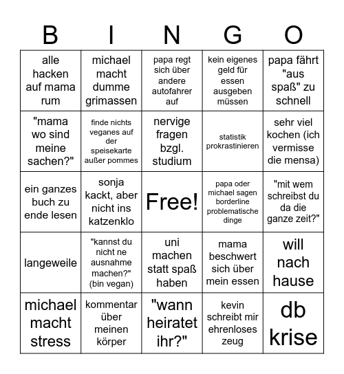 feiertage bei familie diesdas Bingo Card