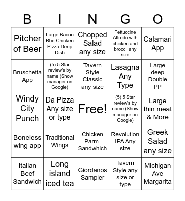 Giordano's Bingo Card