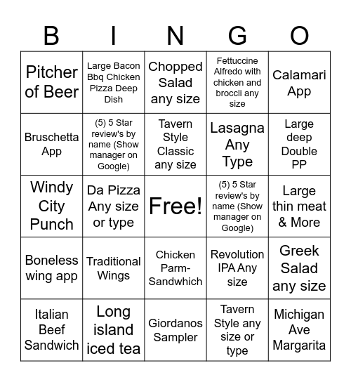 Giordano's Bingo Card