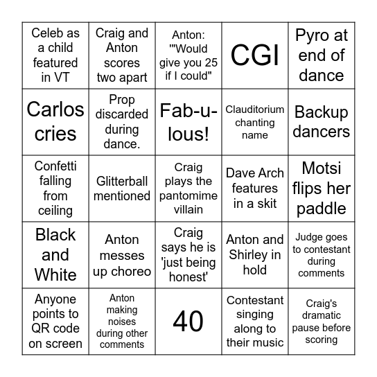 Strictly Come Bingo Card
