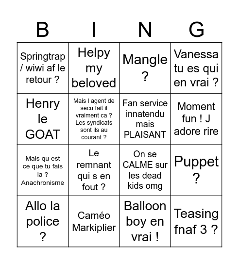 Fnaf 2 le jeu le film Bingo Card