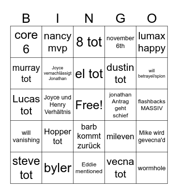 Stranger things Bingo Card