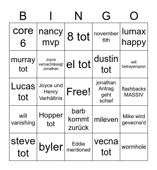 Stranger things Bingo Card