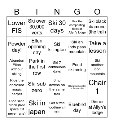 2025/2026 Ski Bingo Card