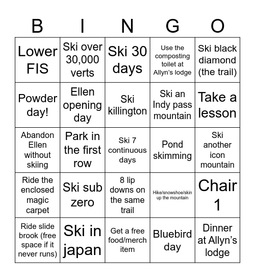2025/2026 Ski Bingo Card