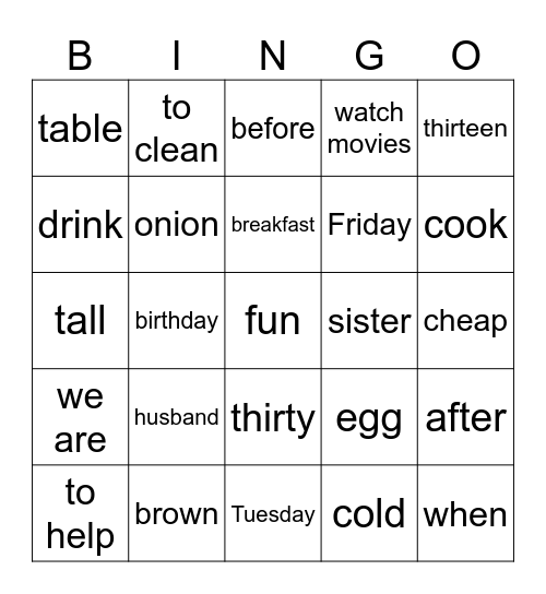 English Words Bingo Card