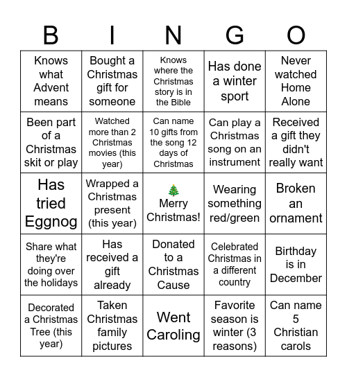 Christmas Bingo Youth 2025 Bingo Card