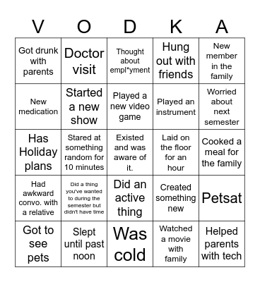 Winter Break Bingo Card