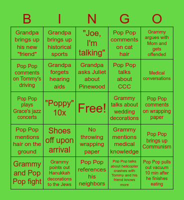 Grandparents' Early Christmas Bingo Card